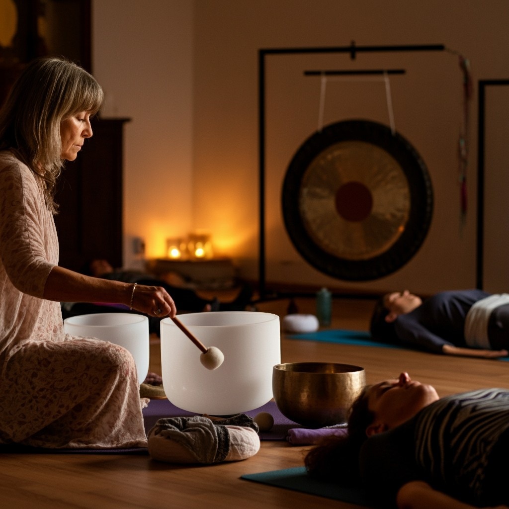 Sound healer playing crystal singing bowls while guests rest on mats