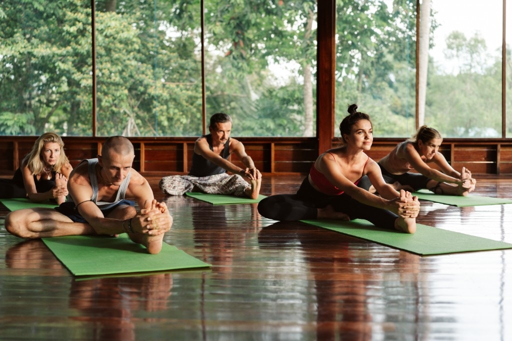 Group practicing yoga in a sunlit studio overlooking tropical forest